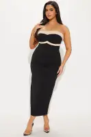 Elegant Strapless Midi Dress with Contrast Trim - Black/Combo, Stretchy Polyester Blend(Black/combo,XS)