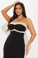 Elegant Strapless Midi Dress with Contrast Trim - Black/Combo, Stretchy Polyester Blend(Black/combo,XS)