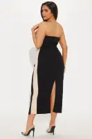 Elegant Strapless Midi Dress with Contrast Trim - Black/Combo, Stretchy Polyester Blend(Black/combo,XS)