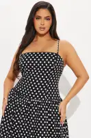 Black Polka Dot Square Neck Midi Dress with Pockets & Adjustable Straps – 100% Cotton(Black,XS)
