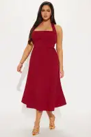 Elegant Halter Midi Dress with Square Neckline – Black & Wine – Stretchy Polyester-Spandex Blend(Wine,XS)