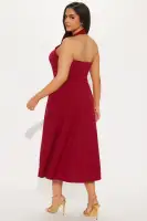 Elegant Halter Midi Dress with Square Neckline – Black & Wine – Stretchy Polyester-Spandex Blend(Wine,XS)