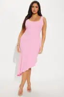 Stylish Textured Midi Dress - Scoop Neck, Sleeveless with Asymmetrical Hem - Available in Red, Green, Black, Pink(Pink,S)