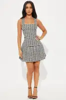 Chic Stretch Tweed Mini Dress - Square Neck, Pleated Back & Zipper - Black/White