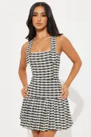 Chic Stretch Tweed Mini Dress - Square Neck, Pleated Back & Zipper - Black/White(Black/White,XS)