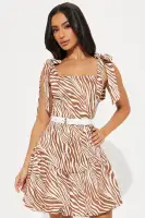 Zebra Print Bubble Mini Dress with Square Neckline & Tie Shoulder - Brown/Combo(Brown/combo,XS)