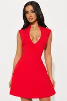 Sexy Red V-Neck Mini Dress with Cap Sleeves & Back Zipper - Stretchy Polyester Blend(Red,XS)