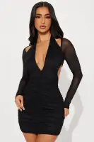 Sexy Black Mesh Mini Dress with Deep V-Neck & Cut-Out Back – Long Sleeve Halter Design(Black,XS)