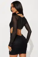 Sexy Black Mesh Mini Dress with Deep V-Neck & Cut-Out Back – Long Sleeve Halter Design(Black,XS)