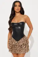 Sexy Leopard Print Strapless Mini Dress with Ruffled Hem & Bow Detail