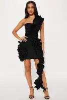Sexy One-Shoulder Bandage Ruffle Mini Dress - Sleeveless with Back Zipper (Red/Black)