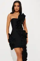 Sexy One-Shoulder Bandage Ruffle Mini Dress - Sleeveless with Back Zipper (Red/Black)(Black,XS)