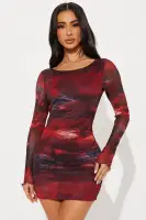 Burgundy Mesh Micro Mini Dress with Strappy Back - Long Sleeve High Neck Stretch Party Dress(Burgundy,XS)