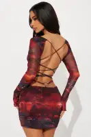 Burgundy Mesh Micro Mini Dress with Strappy Back - Long Sleeve High Neck Stretch Party Dress(Burgundy,XS)