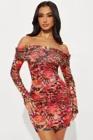 "Sexy Leopard Mesh Mini Dress - Off Shoulder Long Sleeves, Stretchy & Lined, Red/Combo