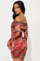 "Sexy Leopard Mesh Mini Dress - Off Shoulder Long Sleeves, Stretchy & Lined, Red/Combo(Red/combo,XS)