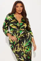 Elegant Black Satin Shirt Midi Dress with Tie Front & 3/4 Sleeves(Black/combo,XS)