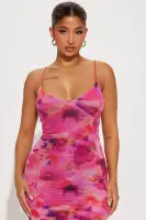 Elegant Pink Mesh Maxi Dress with Spaghetti Straps & Side Slit – Stretchy V-Neck Combo Dress(Pink/combo,XS)