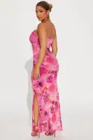 Elegant Pink Mesh Maxi Dress with Spaghetti Straps & Side Slit – Stretchy V-Neck Combo Dress(Pink/combo,XS)