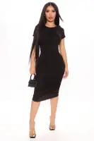 Stylish Ruched Midi Dress - High Neck, Short Sleeve in Black, Blue, Rust & Sand - 95% Rayon 5% Spandex