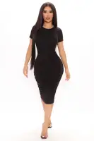 Stylish Ruched Midi Dress - High Neck, Short Sleeve in Black, Blue, Rust & Sand - 95% Rayon 5% Spandex(Black,XS)