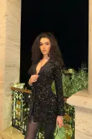 Elegant Sequin Blazer Dress with Shoulder Pads – Double Breasted, Long Sleeves – Black & Pink(Black,XS)