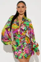 Elegant Green Satin Shirt Mini Dress with Long Sleeves & Button-Up Collar(Green/combo,XS)