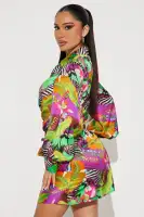Elegant Green Satin Shirt Mini Dress with Long Sleeves & Button-Up Collar(Green/combo,XS)