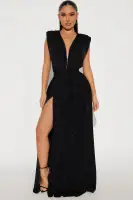 Elegant Black Maxi Dress with V-Neck, Shoulder Pads & Open Back – Stretchy Polyester Blend