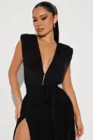 Elegant Black Maxi Dress with V-Neck, Shoulder Pads & Open Back – Stretchy Polyester Blend(Black,XS)