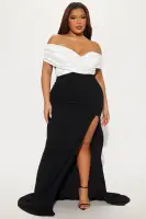 Elegant Off-Shoulder Maxi Dress with High Slit - Black & White Options(Black/White,XS)