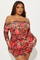 "Sexy Leopard Mesh Mini Dress - Off Shoulder Long Sleeves, Stretchy & Lined, Red/Combo(Red/combo,XS)
