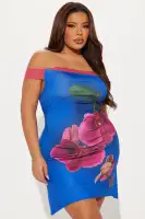 Floral Off-Shoulder Mini Dress with Lace Sleeves & Asymmetrical Hem - Stretchy & Stylish(Royal/combo,XS)