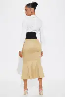 Elegant Midi Shirt Dress with Bandage Waist & Mermaid Hem – Khaki/Combo(Khaki/combo,XS)