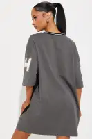 Stylish V-Neck Graphic Mini Dress - 95% Cotton Stretch Tee, Short Sleeves, Black/Grey(Black/Grey,XS)