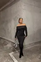 Elegant Off-Shoulder Sweater Maxi Dress with Ruched Detail - Green, Charcoal, Cream(Charcoal,XS)