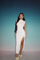 Elegant Mock Neck Maxi Dress with Shoulder Pads & High Slit – White & Chocolate(White,XS)