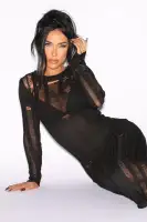 Distressed High Neck Sweater Maxi Dress - Long Sleeves, Low Back & Slit - Black & Hunter(Black,XS)