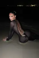 Elegant Black Mesh Gown with Lace-Up Back & Train - Includes Stretch Panty (Long Sleeve, High Neck)(Black,XS)