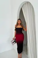 Stylish Red/Combo Mesh Maxi Dress with Tube Back & Zipper - Stretchy Polyester Blend(Red/combo,XS)