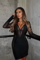 Sexy Black Bandage Mini Dress with Mesh Inserts & Back Zipper(Black,XS)