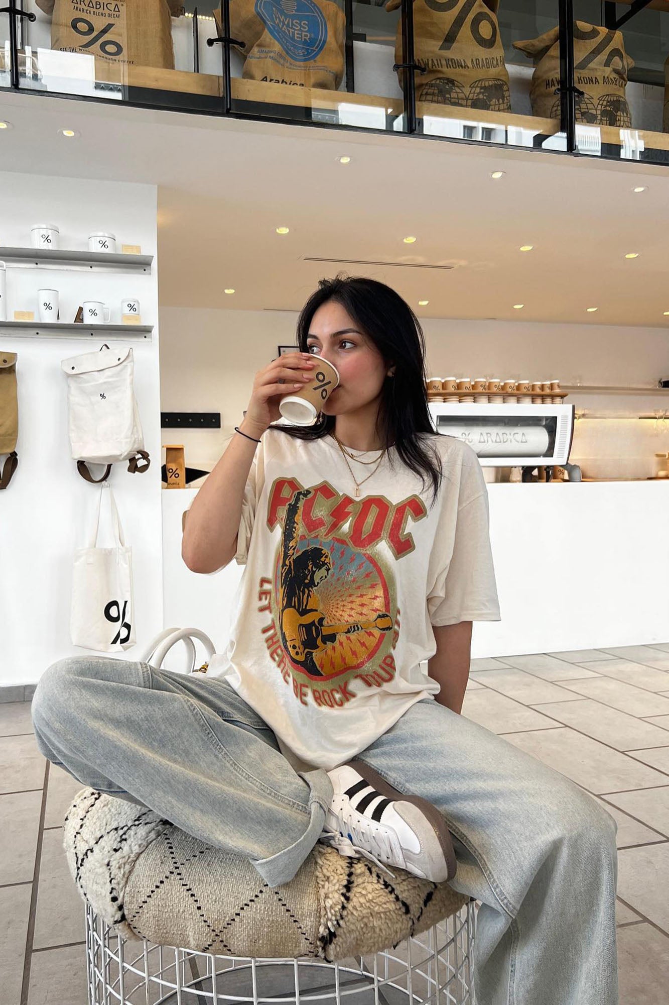 Soft Stretch Cotton Crew Neck T-Shirt with Unique Screen Print - Cream