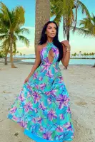Elegant Chiffon Maxi Dress - Halter Tie Front & Back, Pleated Detail, Elastic Waist (Green/Combo)(Green/combo,XS)
