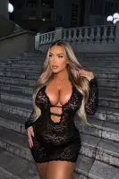 Sexy Black & Rust Lace Mini Dress with Deep V-Neck & Cut Outs - Long Sleeve Stretchy Bodycon Dress with Matching Panty(Black,XS)