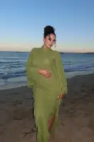 Chartreuse Distressed Sweater Maxi Dress - Mock Neck Long Sleeve Stretch Knit(Chartreuse,XS)