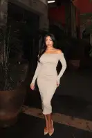 Elegant Off-Shoulder Ruched Midi Dress – Long Sleeves, Stretchy Cotton Blend (Taupe)(Taupe,XS)
