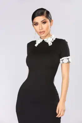 Elegant Crochet Detail Mini Dress with Collared Back - Black/Ivory & Black/Blue Options(Black/Ivory,XS)