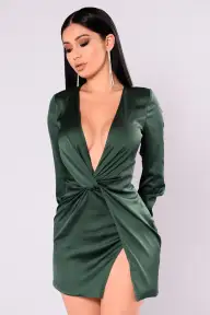 Kylie Jenner-Approved Sugar Free Satin Mini Dress - Deep V Neck & Front Slit in 5 Colors(Hunter Green,XS)