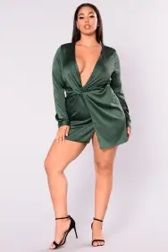 Kylie Jenner-Approved Sugar Free Satin Mini Dress - Deep V Neck & Front Slit in 5 Colors(Hunter Green,XS)