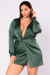 Kylie Jenner-Approved Sugar Free Satin Mini Dress - Deep V Neck & Front Slit in 5 Colors(Hunter Green,XS)